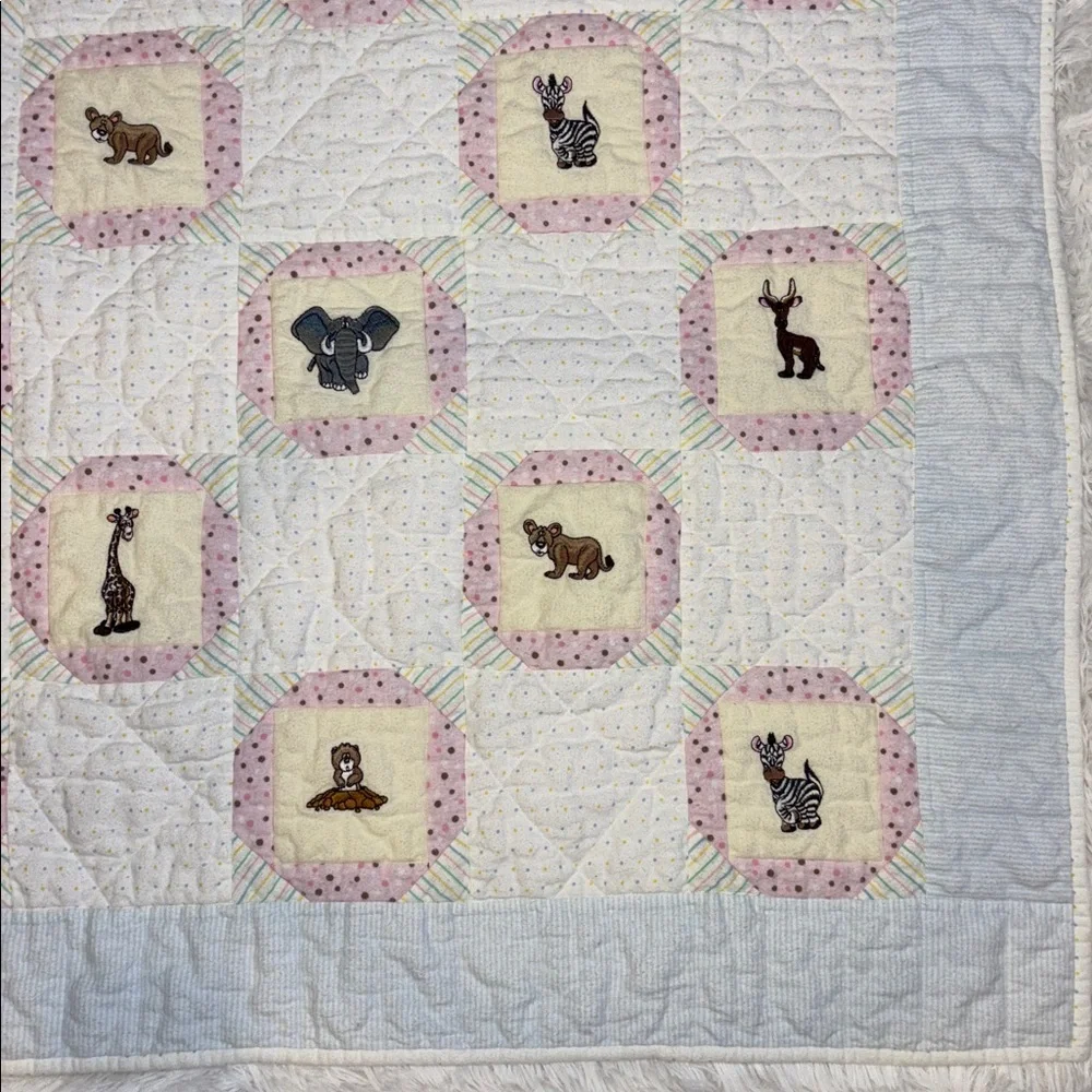 Handmade Patchwork Baby Quilt Embroidered Animal Cotton Flannel 35” x 35”
